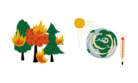 Wild Fire with Burning Tree and Global Warming as Result of Planet Contamination Stock Illustration