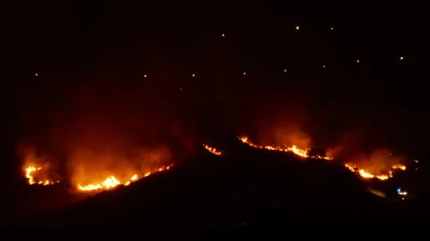 Wild fire devours hill in the night Stock Footage 277114284