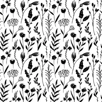 Wild floral hand drawn vector seamless pattern. Illustrazione stock