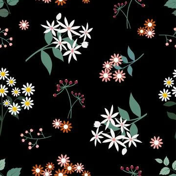 Wild flower seamless pattern on dark background,graphic design for fabric,pri Illustrazione stock