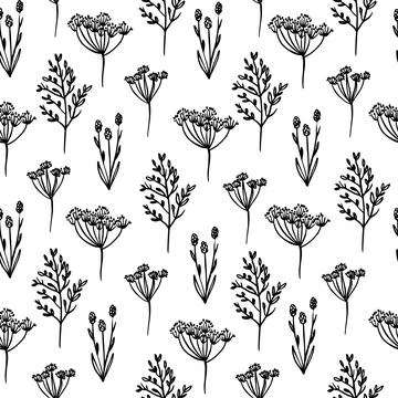 WILD FLOWERS Monochrome Seamless Pattern Vector Illustration Stock Illustration