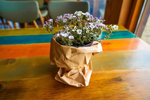 Wild flowers in a small pot on the table Stock Photos