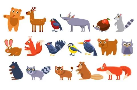 Wild forest animals set, cute cartoon bear, bird, hedgehog, wolf, raccoon, elk 스톡 일러스트