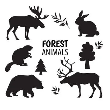 Wild forest animals silhouettes, elements set white isolated. Basis graphics Stock Illustration
