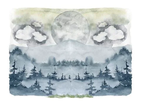 Wild forest trees and high mountains in fog hand drawn with watercolor landsc Stock Illustration