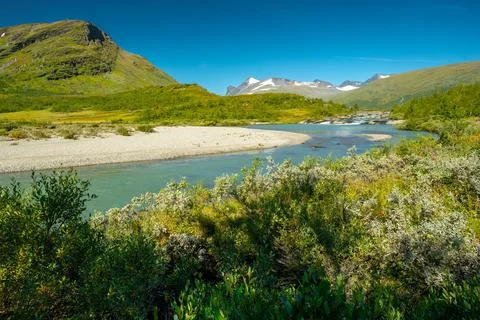 Wild glacial river flows through remote, green Arctic landscape on a sunny day Stock Photos