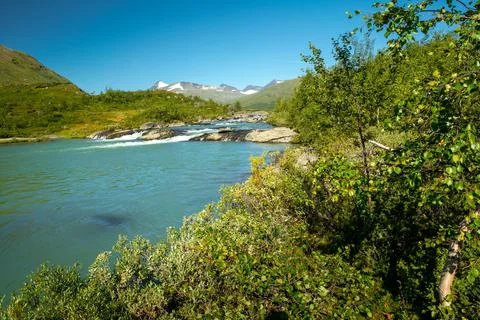Wild glacial river flows through remote, green Arctic landscape on a sunny day Stock Photos