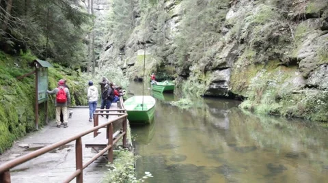 Wild Gorge lower boat landing near Hrensko, Usti nad Labem, Czech Republic Stock Footage 68416853