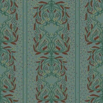 Wild grass pattern with berries, symmetrical, textured, hand drawn. Vector se Illustrazione stock