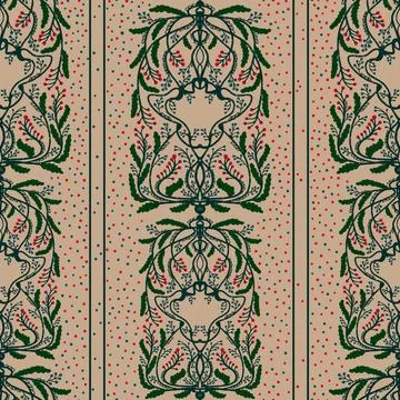 Wild grass pattern with berries, symmetrical, textured, hand drawn. Vector se Illustrazione stock