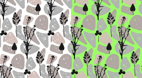Wild grass on stones seamless pattern, black silhouettes of field herbs Stock Illustration