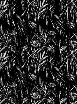 Wild grasses seamless pattern. Grass silhouettes, cereal plants Stock Illustration