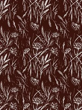 Wild grasses seamless pattern. Grass silhouettes, cereal plants Stock Illustration