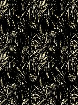 Wild grasses seamless pattern. Grass silhouettes, cereal plants Stock Illustration