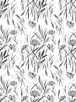Wild grasses seamless pattern. Grass silhouettes, cereal plants Stock Illustration