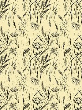 Wild grasses seamless pattern. Grass silhouettes, cereal plants Stock Illustration