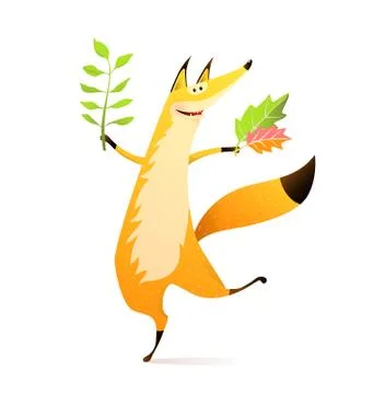Wild Happy Fox Dancing with Fall Leaf Happy Smile Stock Illustration