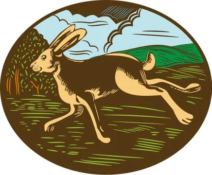 Wild Hare Rabbit Running Oval Woodcut Stock Illustration
