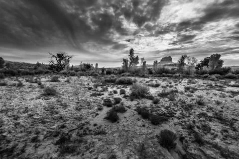 Wild horse butte with dramatic clouds black and white horizontal Stock Photos