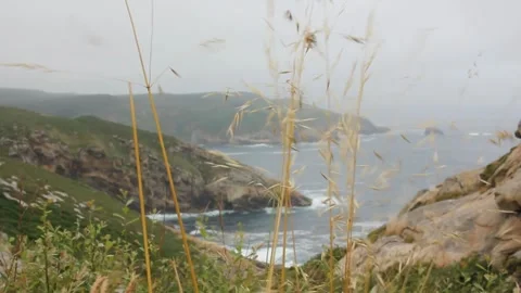 Wild landscape and wind in Punta Roncadoira, Galicia, Spain 스톡 동영상 312526309