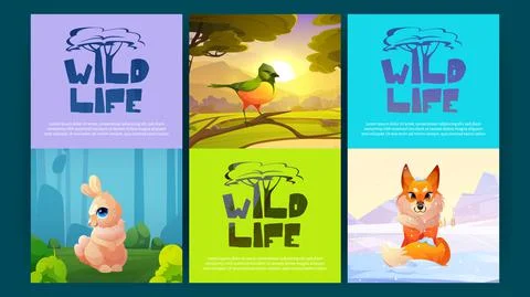 Wild life cartoon banners with forest animals Stock Illustration