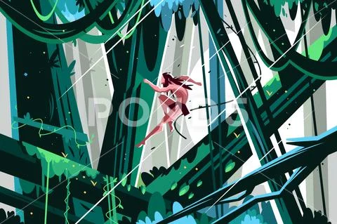 Wild man jumping in jungles Stock Illustration