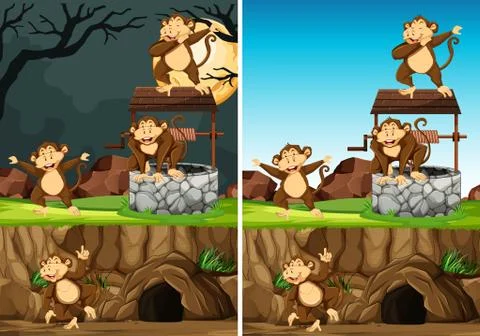 Wild monkey group in many poses in animal park cartoon style isolated on day  Stock Illustration