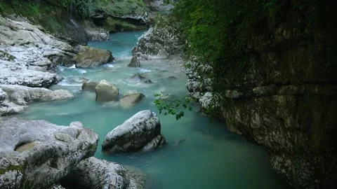 Wild Mountain River Flowing with Stone Boulders and Stone Rapids. Rapid Splashin Stock Footage 162107688