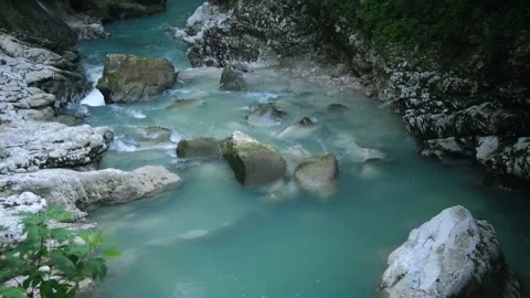Wild Mountain River Flowing with Stone Boulders and Stone Rapids. Rapid Splashin Stock Footage 162108091