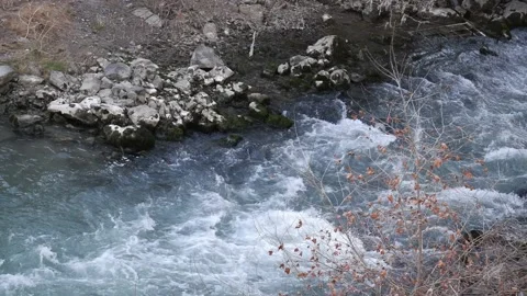 Wild Mountain River Flowing with Stone Boulders Stock Footage 170031288