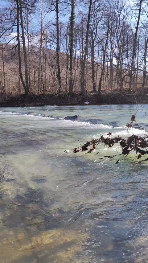 Wild Mountain River Flowing Through Stone Boulders, Water Clear Video Stock Footage 297932823
