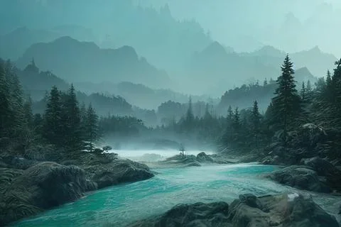 Wild mountain river flowing through the forest with vegetation, soft clouds.  Illustrazione stock