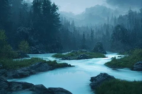 Wild mountain river flowing through the forest with vegetation, soft clouds.  Illustrazione stock