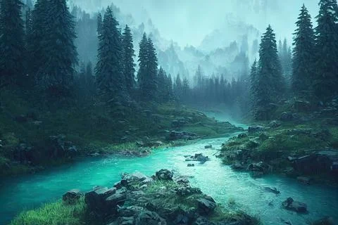 Wild mountain river flowing through the forest with vegetation, soft clouds.  Illustrazione stock