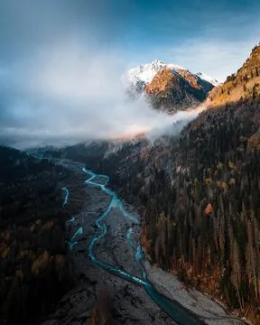 Wild mountain river flows between trees under low clouds Stock Photos