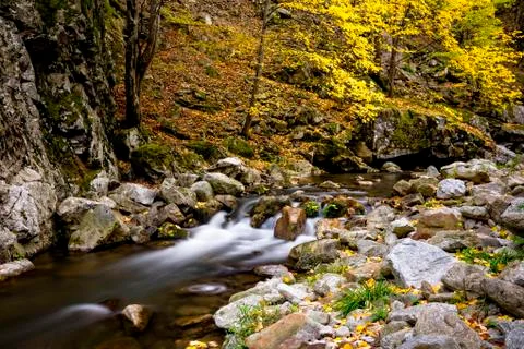 Wild mountain river with small waterfall in fall Foto stock