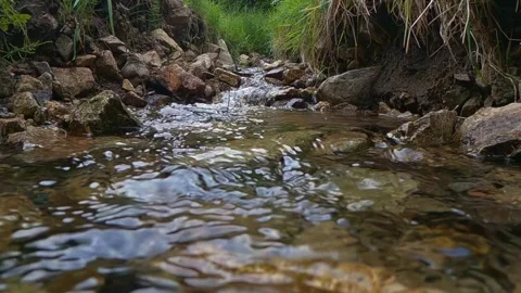 Wild mountain river stream running through rocks in slow motion Stockbeeldmateriaal 279438653