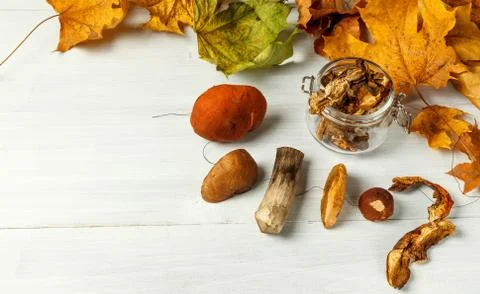 Wild mushrooms strung on a string for drying and dried mushrooms in a glass jar Stock Photos