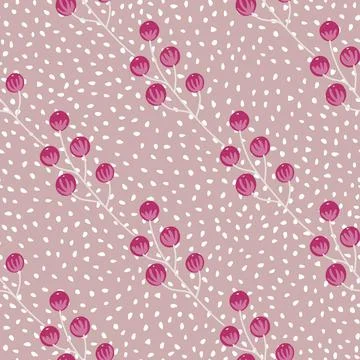 Wild nature seamless pattern with simple pink berries silhouettes. Lilac pale Stock Illustration