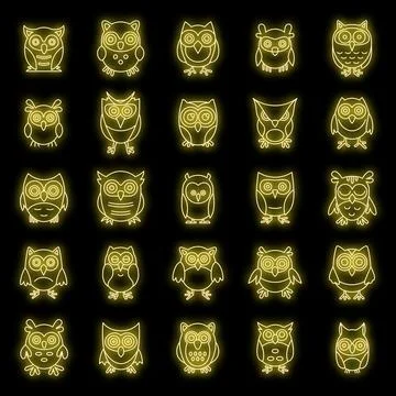Wild owl icons set vector neon Stock Illustration