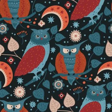 Wild owl seamless pattern Stock Illustration