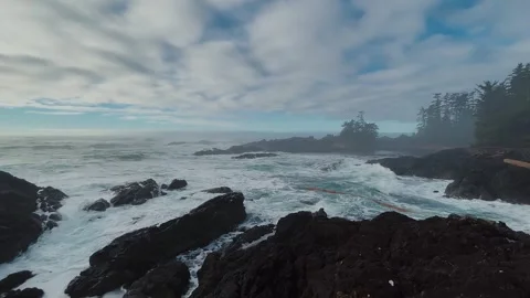 Wild Pacific Trail waves in Ucluelet British Columbia wide Stock Footage 259850785
