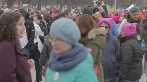 Wild Pan Over Protester Crowd On Mall To Capital - Womens March 2 DC Stock Footage 81257623
