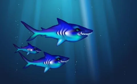 Wild predator sharks blue background small flock fish. Stock Illustration
