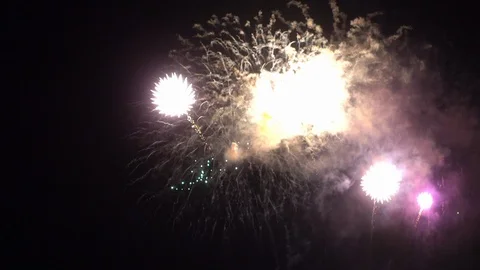 A wild pyrotechnics display as bright yellow bursts of fireworks explode Stock Footage 112361459
