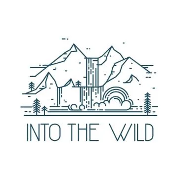 Into the wild. Rainbow in waterfall Linear illustration Stock Illustration