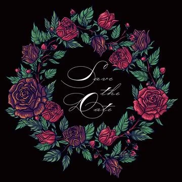 Wild red roses, round frame, invitation template, fashion cover, graphic po.. Stock Illustration