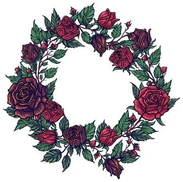 Wild red roses, round frame, invitation template, single object highlighting Stock Illustration
