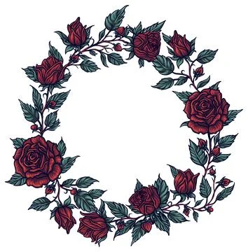 Wild red roses, round frame, invitation template, single object highlighting Illustrazione stock