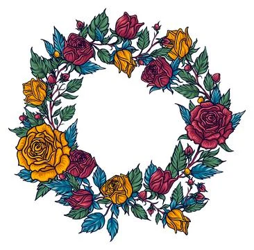 Wild red roses, round frame, invitation template, single object highlighting Stock Illustration